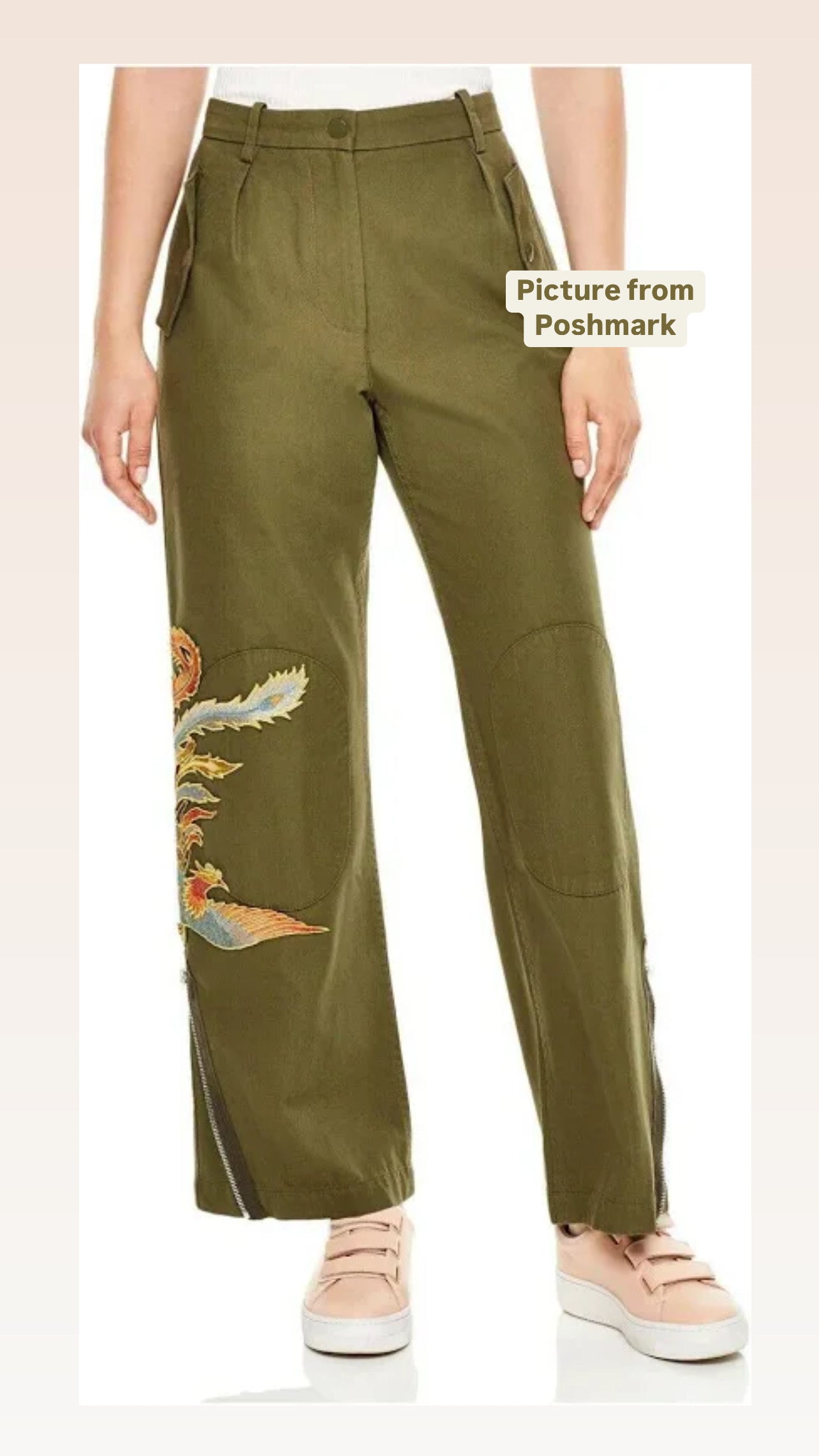 "Sandro" Glenwood Embroidered Wide-leg Pants in Olive Green - Size 36