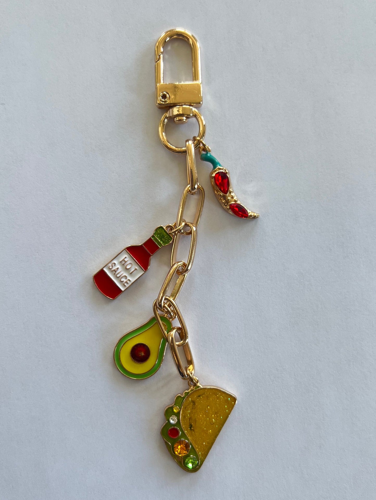 Bag charm: taco, avocado, hot sauce and chile