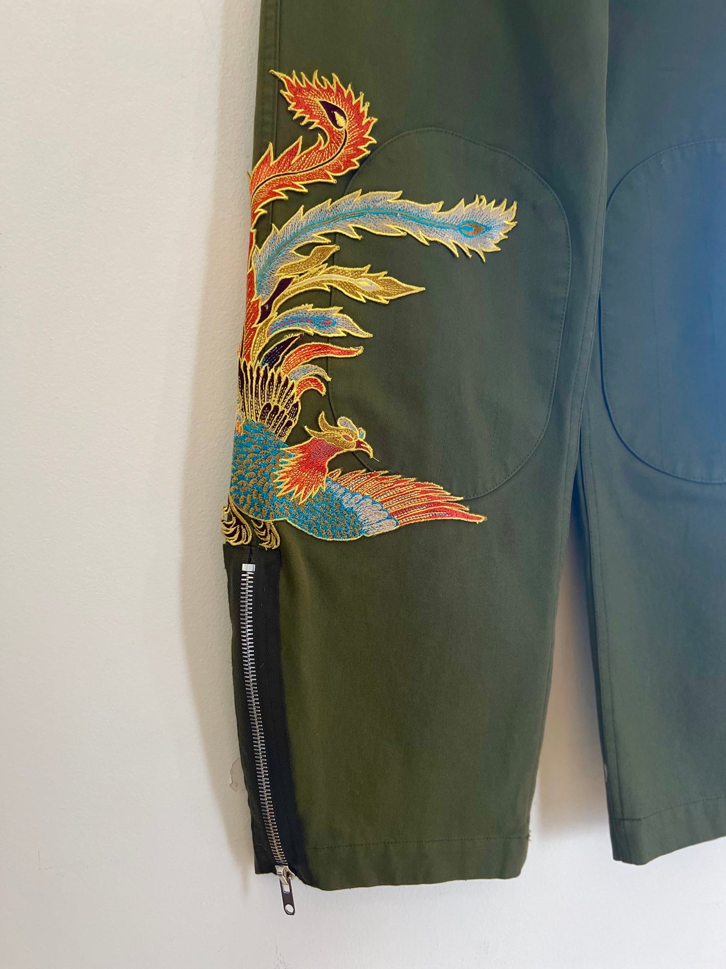 "Sandro" Glenwood Embroidered Wide-leg Pants in Olive Green - Size 36
