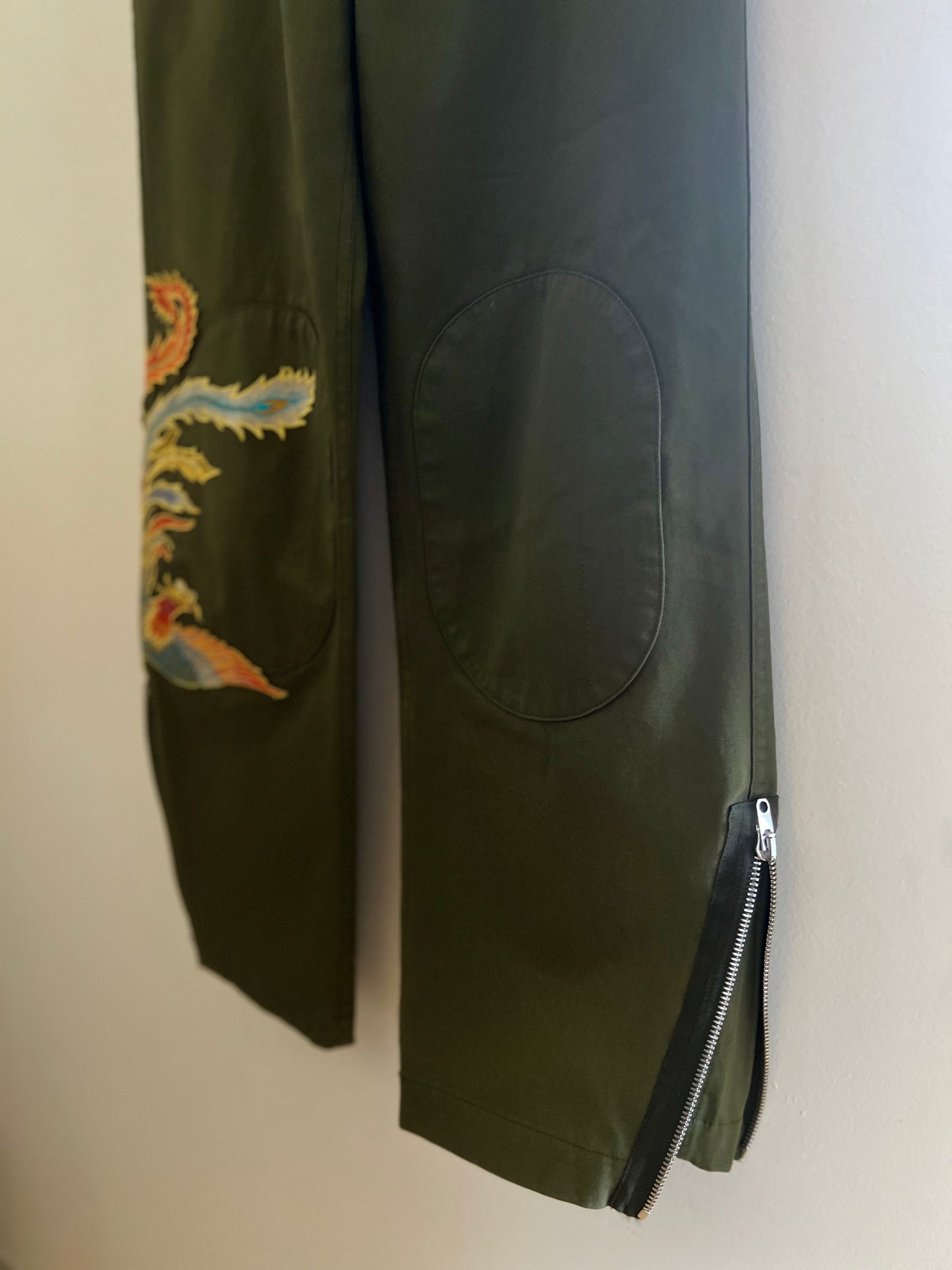"Sandro" Glenwood Embroidered Wide-leg Pants in Olive Green - Size 36