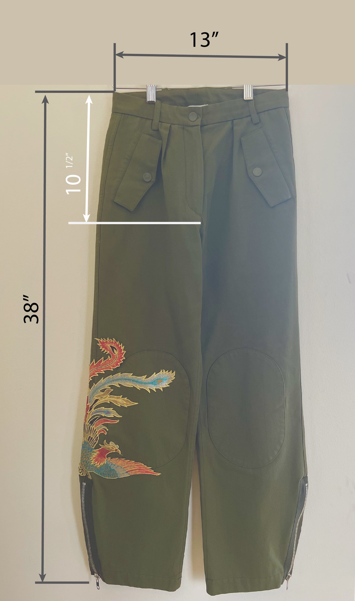 "Sandro" Glenwood Embroidered Wide-leg Pants in Olive Green - Size 36