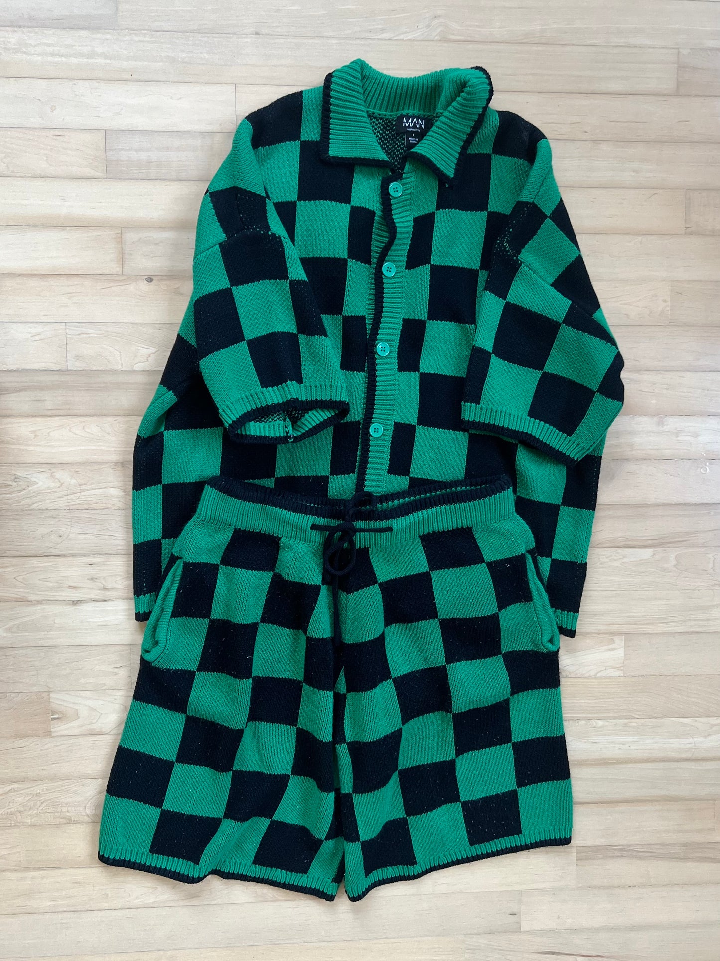 "boohooMAN" Oversized Boxy Open Stitch Checked Shirt & Short Set / Size L