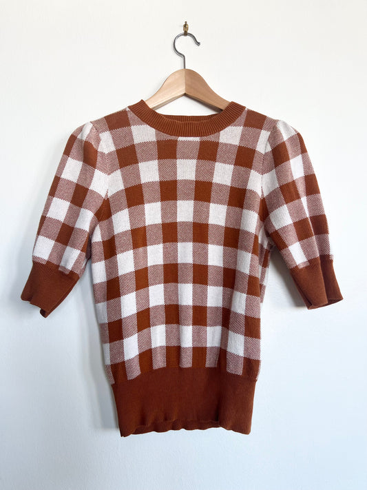 "Ann Taylor" petite brown and white checkered knit sweater / Size Sp
