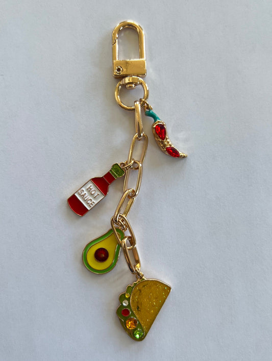 Bag charm: taco, avocado, hot sauce and chile