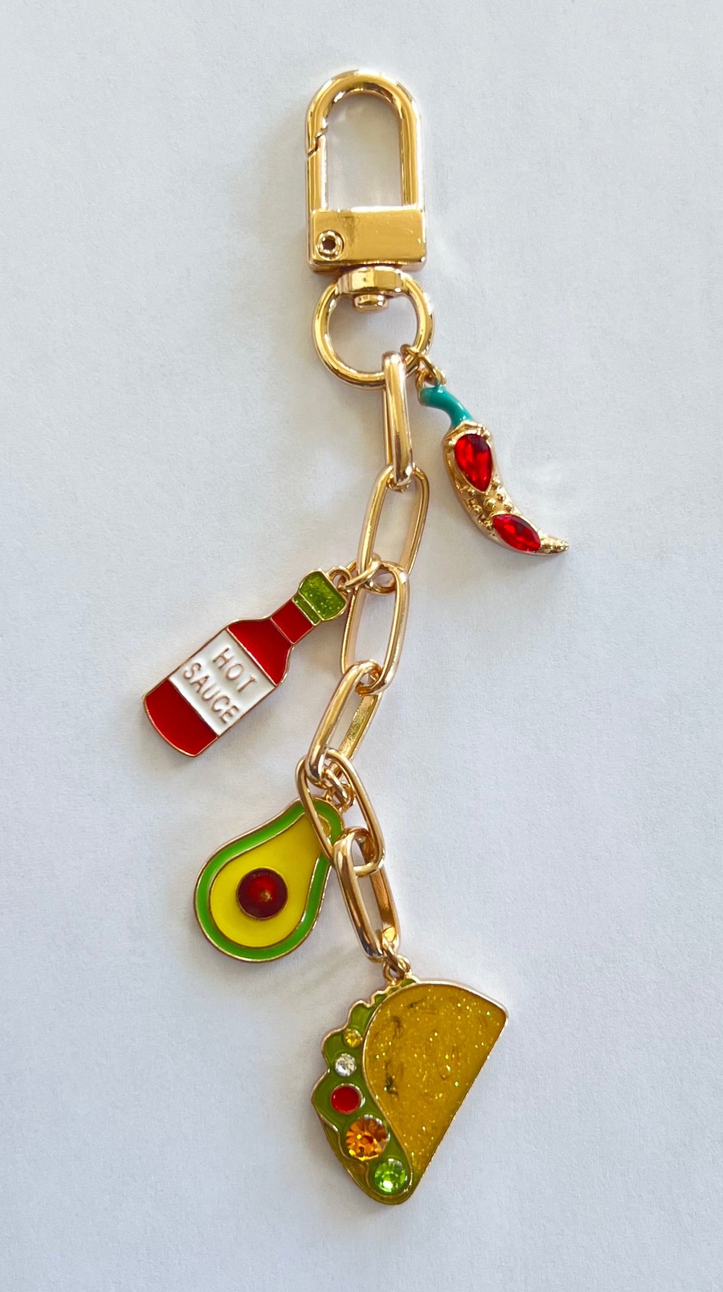 Bag charm: taco, avocado, hot sauce and chile