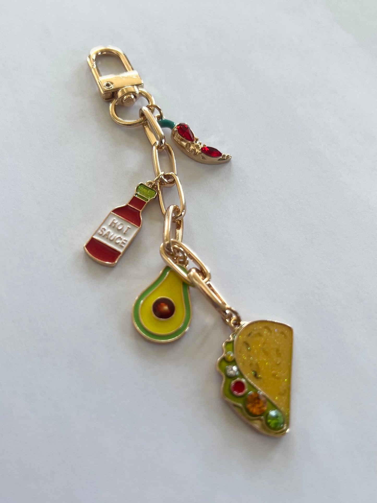 Bag charm: taco, avocado, hot sauce and chile