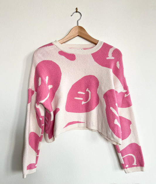 "Moon & Madison" pink and cream smiley faces sweater / Size XS