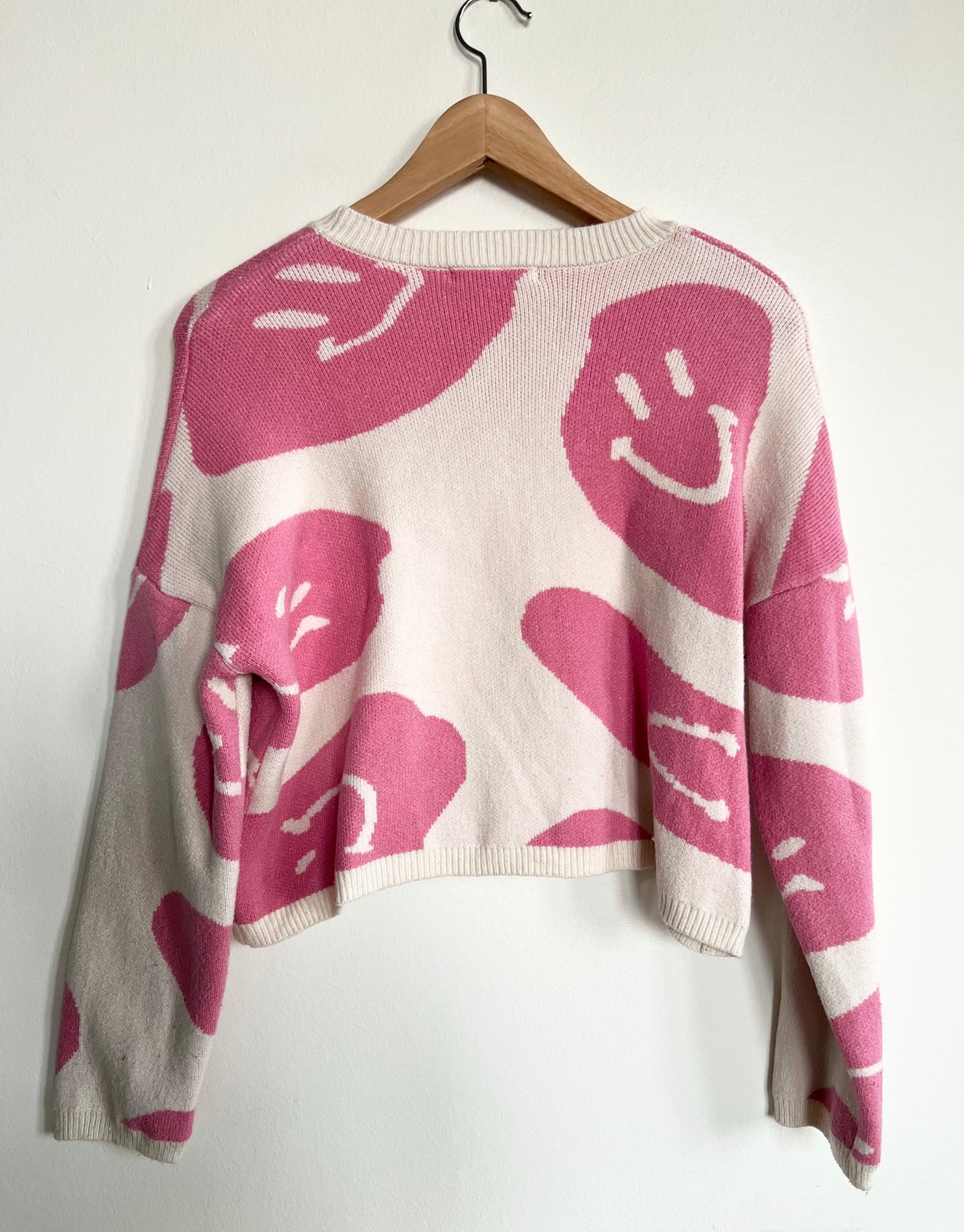 "Moon & Madison" pink and cream smiley faces sweater / Size XS