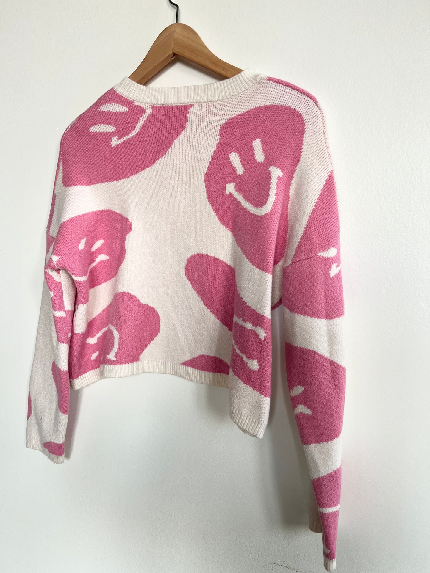 "Moon & Madison" pink and cream smiley faces sweater / Size XS