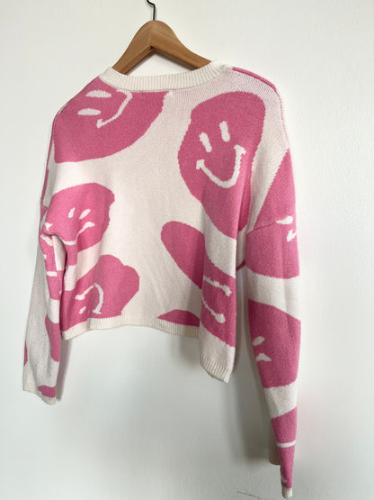"Moon & Madison" pink and cream smiley faces sweater / Size XS
