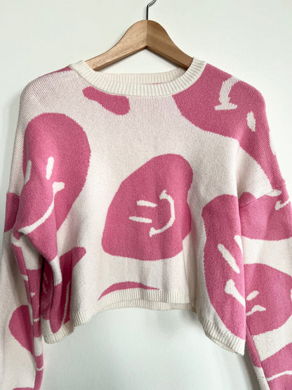 "Moon & Madison" pink and cream smiley faces sweater / Size XS