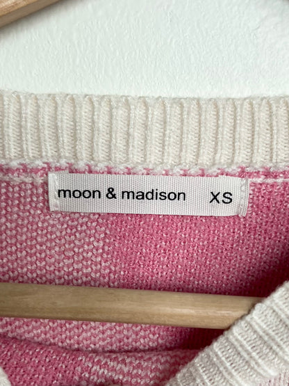 "Moon & Madison" pink and cream smiley faces sweater / Size XS