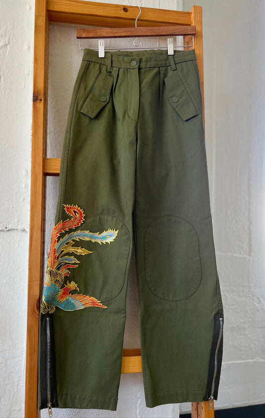 "Sandro" Glenwood Embroidered Wide-leg Pants in Olive Green - Size 36