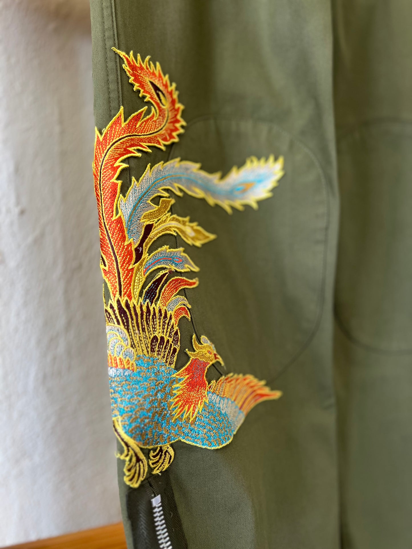 "Sandro" Glenwood Embroidered Wide-leg Pants in Olive Green - Size 36