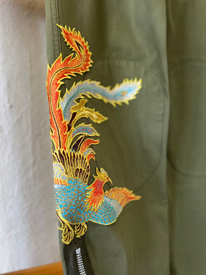 "Sandro" Glenwood Embroidered Wide-leg Pants in Olive Green - Size 36