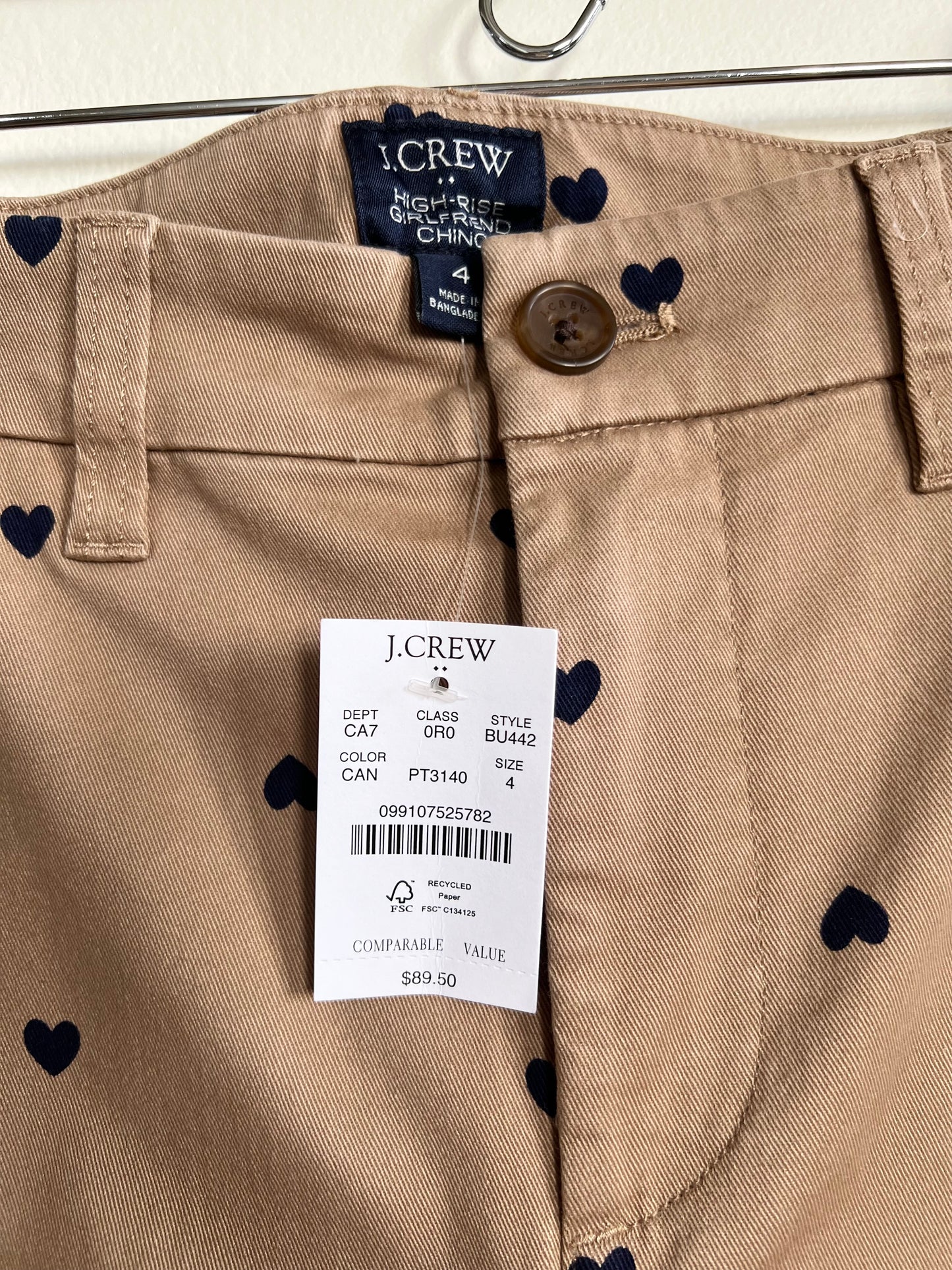 New with tag: "J Crew"- Printed high-rise girlfriend chino pant / Size 4
