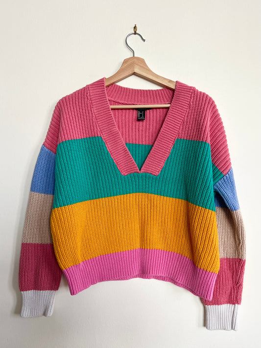 Forever 21" Rainbow Bright Multi-Colored Striped Knit V-Neck Sweater / Size S