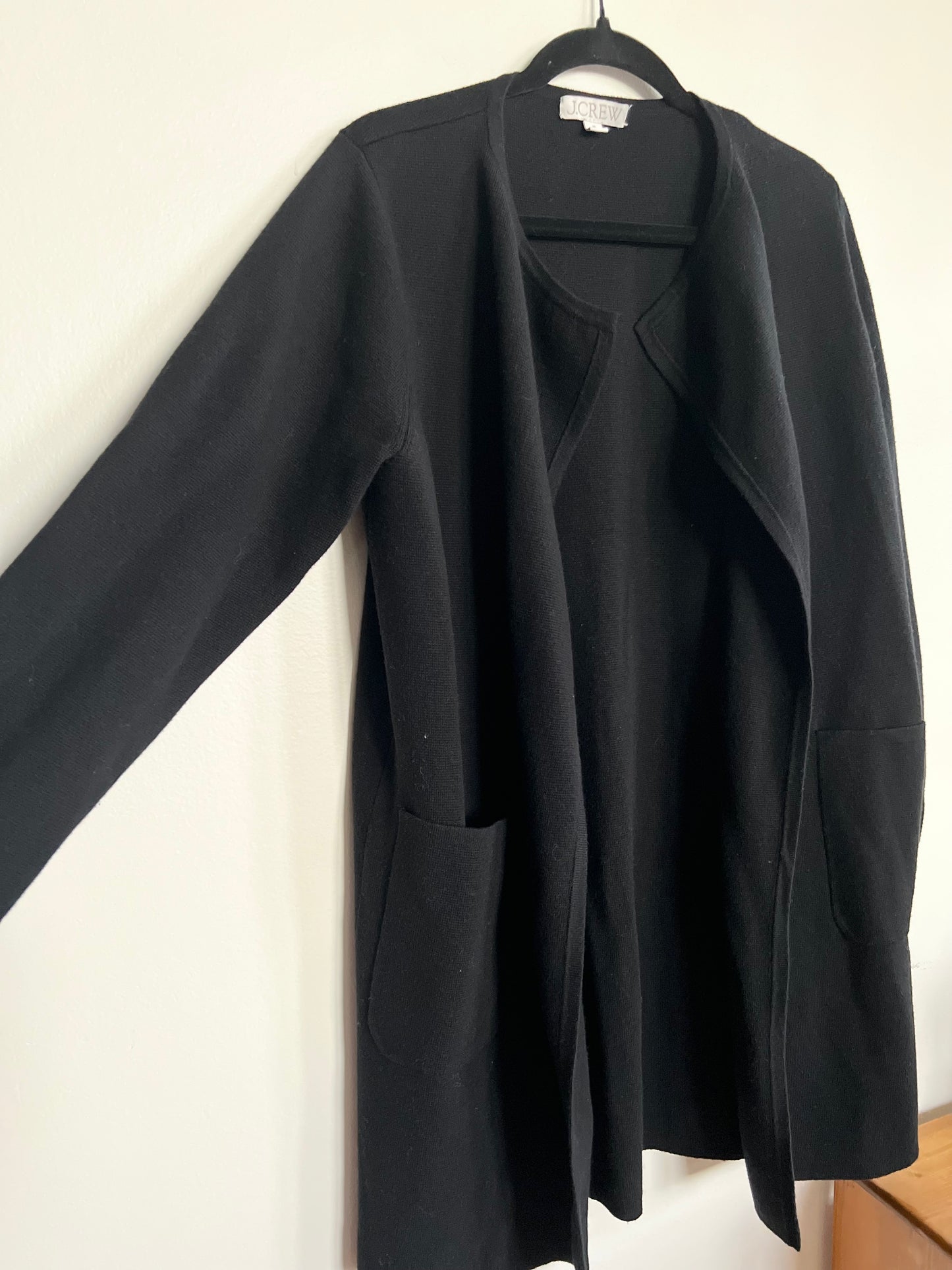 "J. Crew" Open Front Cardigan Sweater Jacket Black Knit Merino Wool Blend / Size M