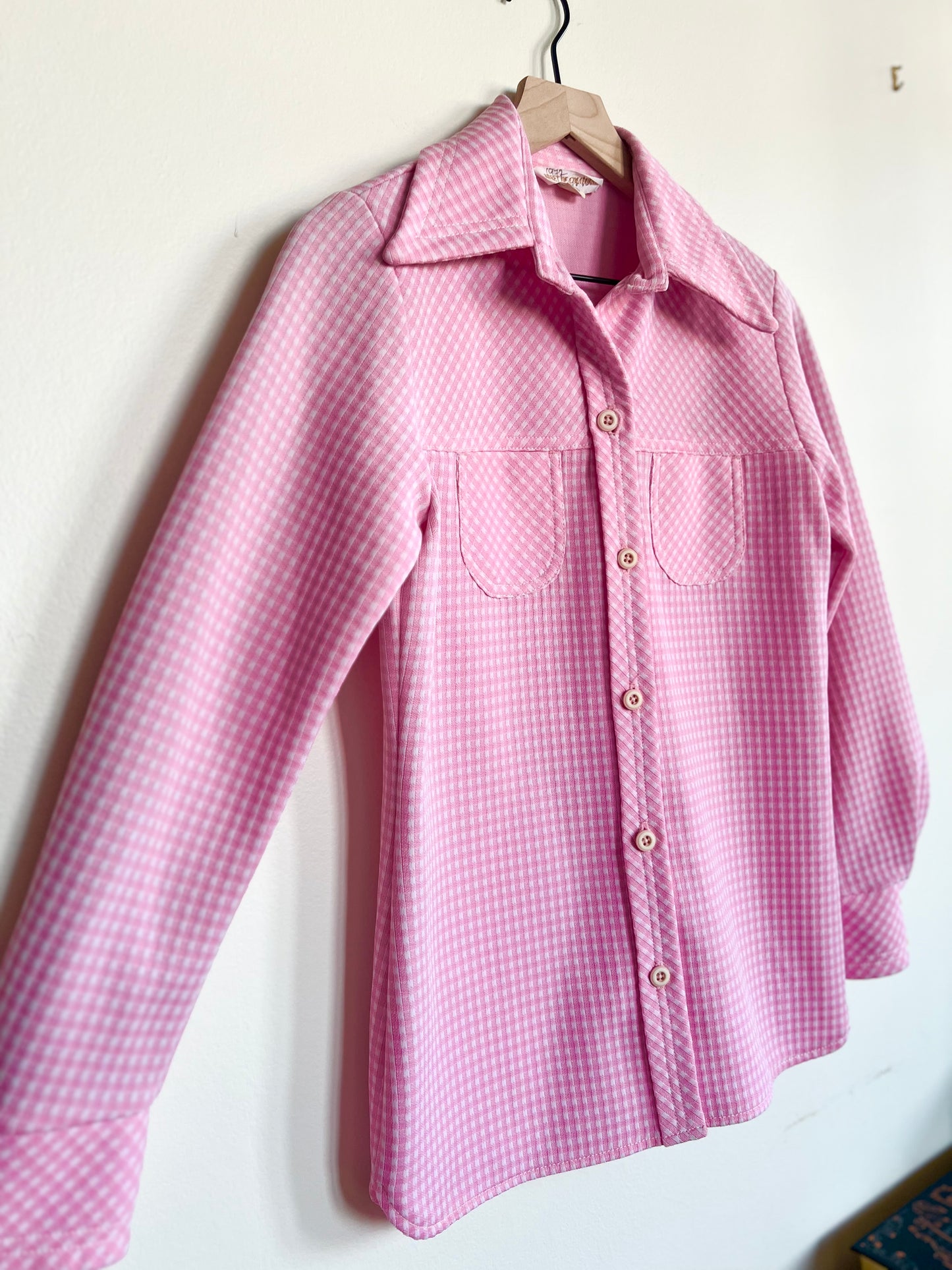 "Koret of California" vintage pink & white checkered shirt (see measurements)