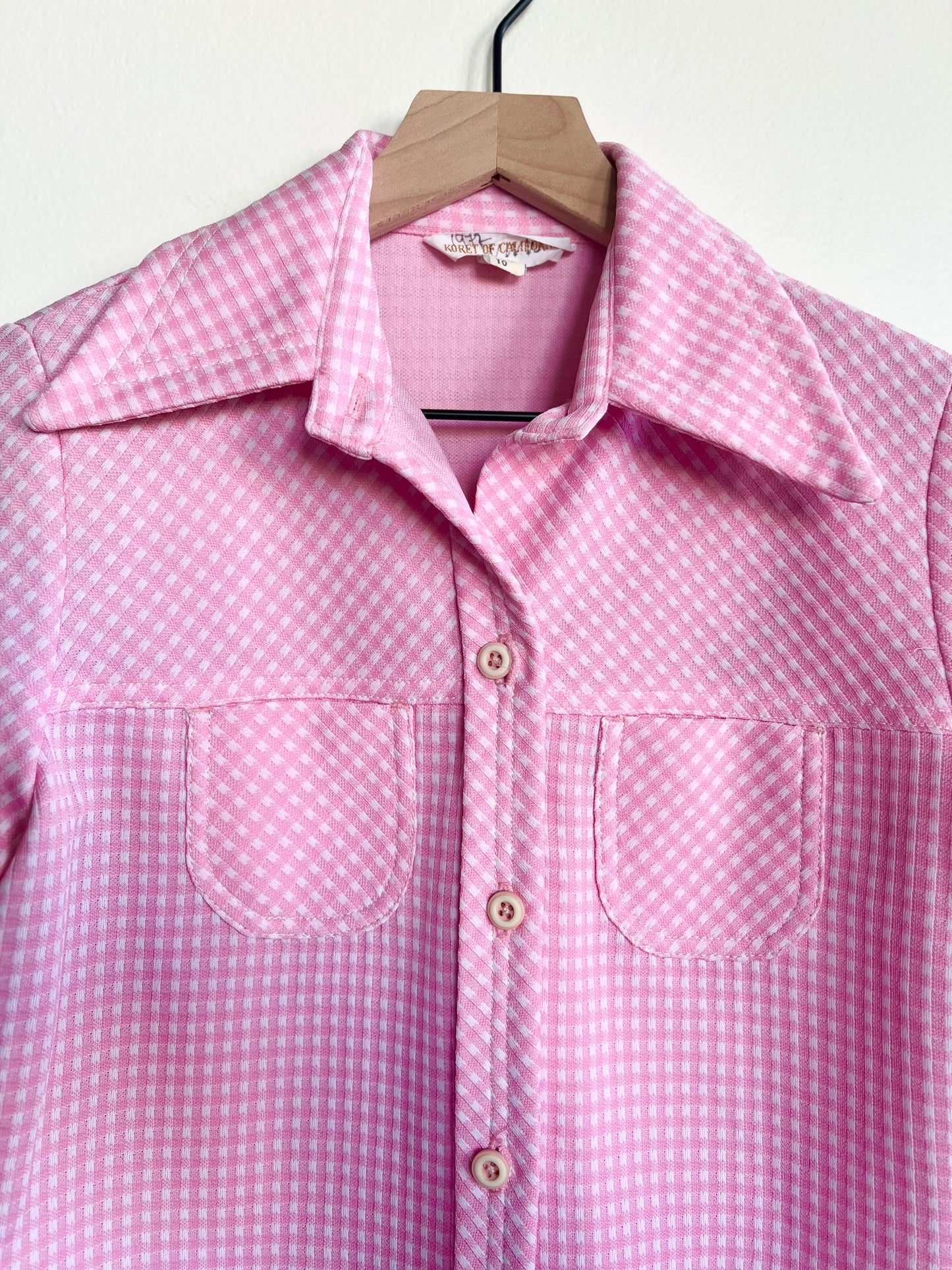"Koret of California" vintage pink & white checkered shirt (see measurements)