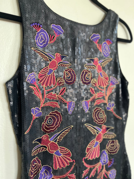 Sequins black dress with embroidery birds & flowers