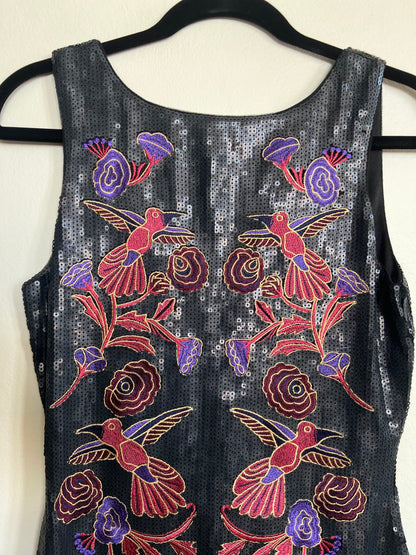 Sequins black dress with embroidery birds & flowers