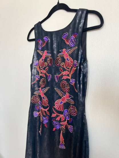 Sequins black dress with embroidery birds & flowers