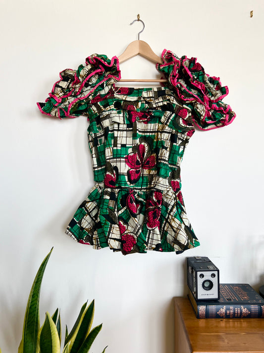 Off shoulder floral 80s Shirt - Size S