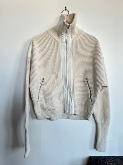 "And other stories" white sweater / zip up with pockets and leather shoulders - Size S