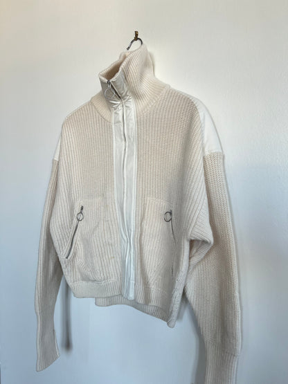 "And other stories" white sweater / zip up with pockets and leather shoulders - Size S