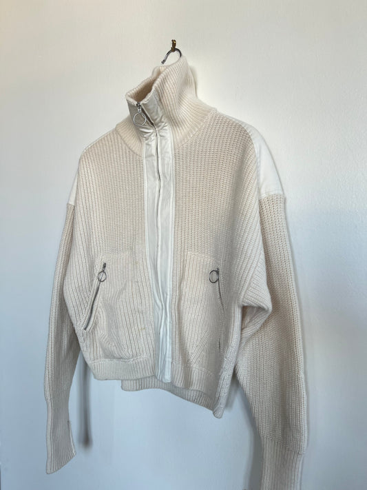"And other stories" white sweater / zip up with pockets and leather shoulders - Size S
