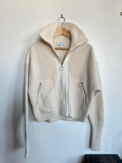 "And other stories" white sweater / zip up with pockets and leather shoulders - Size S