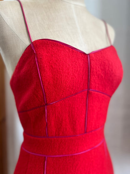 "Banana Republic" spaghetti straps wool red midi dress with pink trim / Size 0