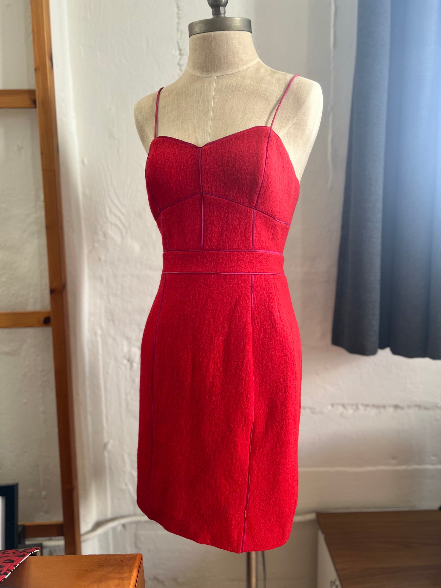 "Banana Republic" spaghetti straps wool red midi dress with pink trim / Size 0