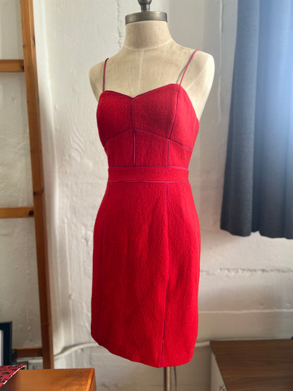 "Banana Republic" spaghetti straps wool red midi dress with pink trim / Size 0