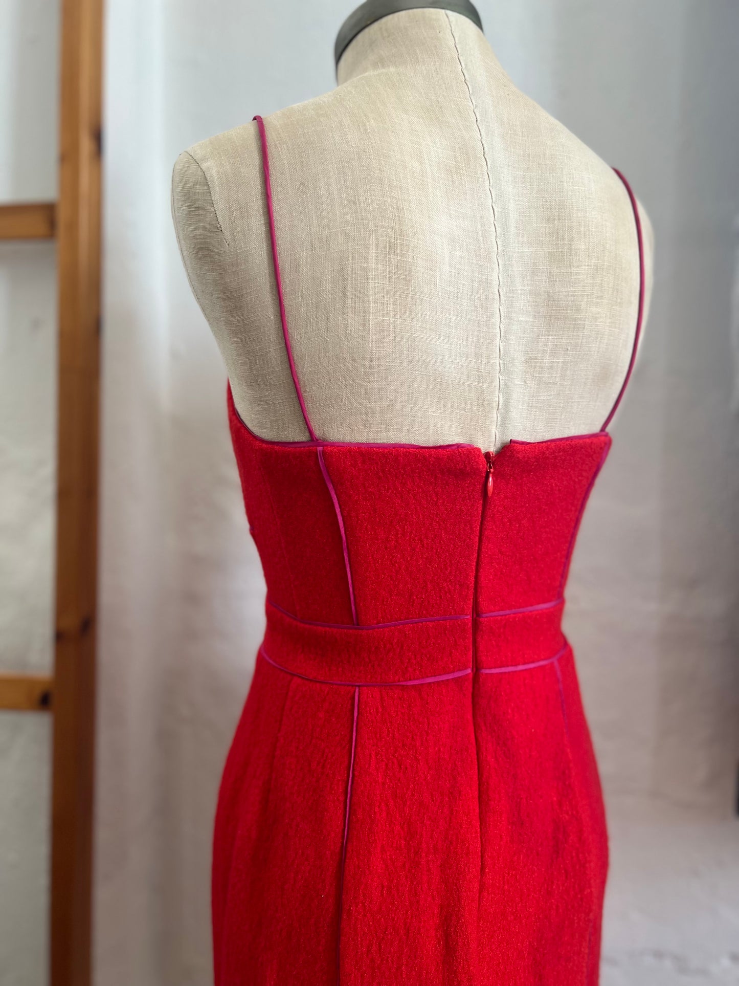"Banana Republic" spaghetti straps wool red midi dress with pink trim / Size 0