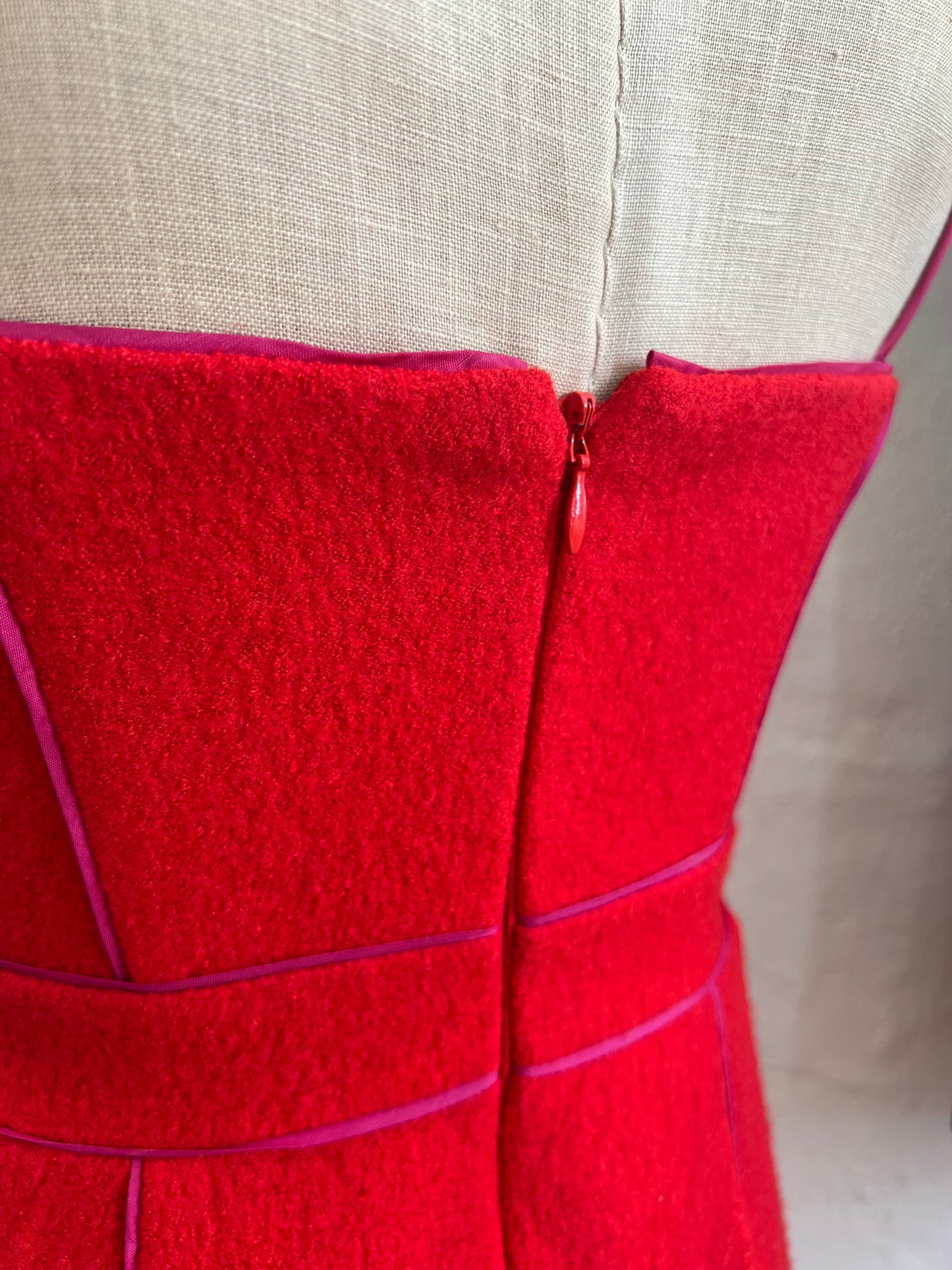 "Banana Republic" spaghetti straps wool red midi dress with pink trim / Size 0