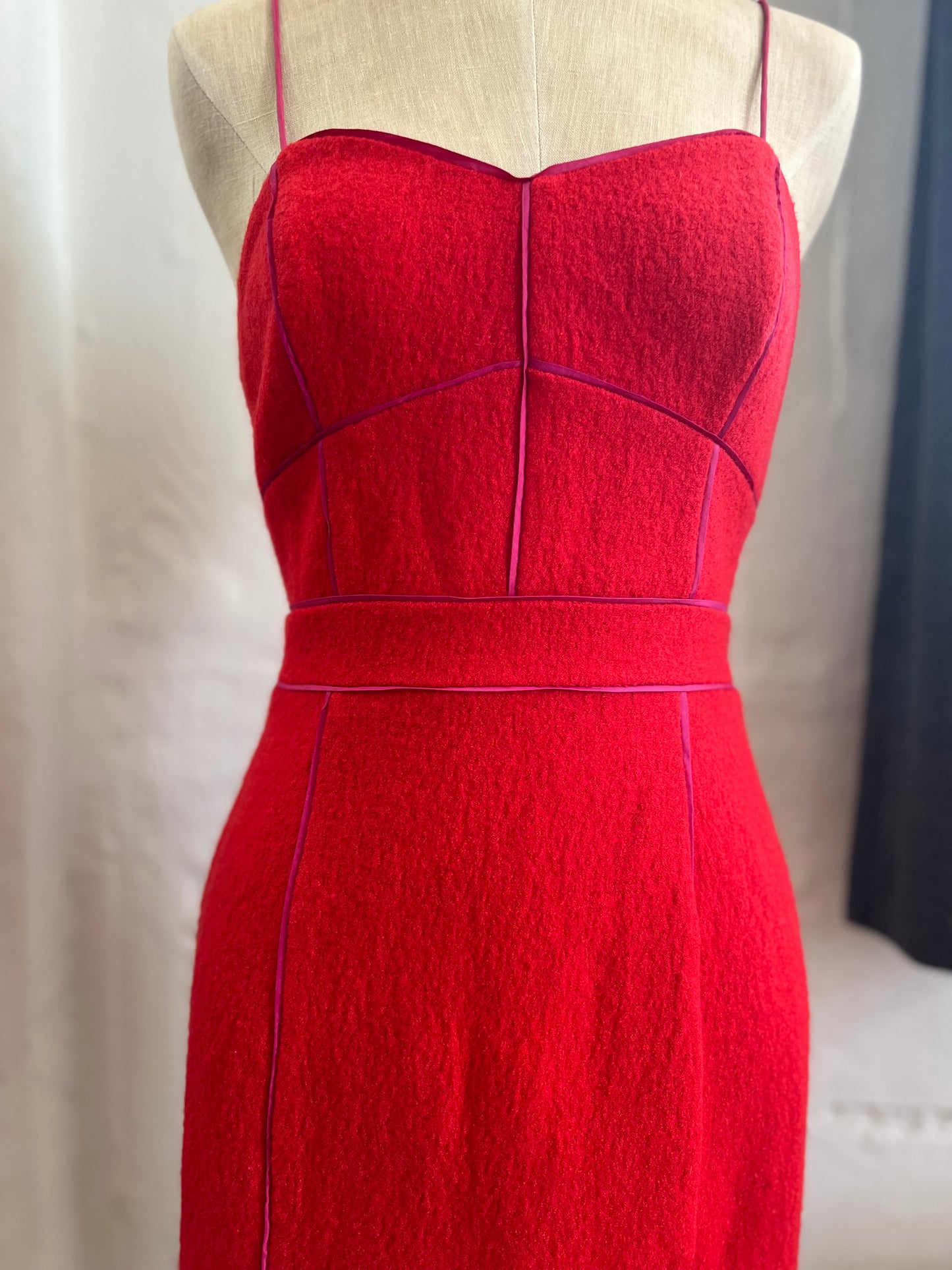 "Banana Republic" spaghetti straps wool red midi dress with pink trim / Size 0