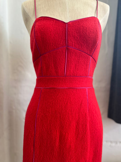 "Banana Republic" spaghetti straps wool red midi dress with pink trim / Size 0
