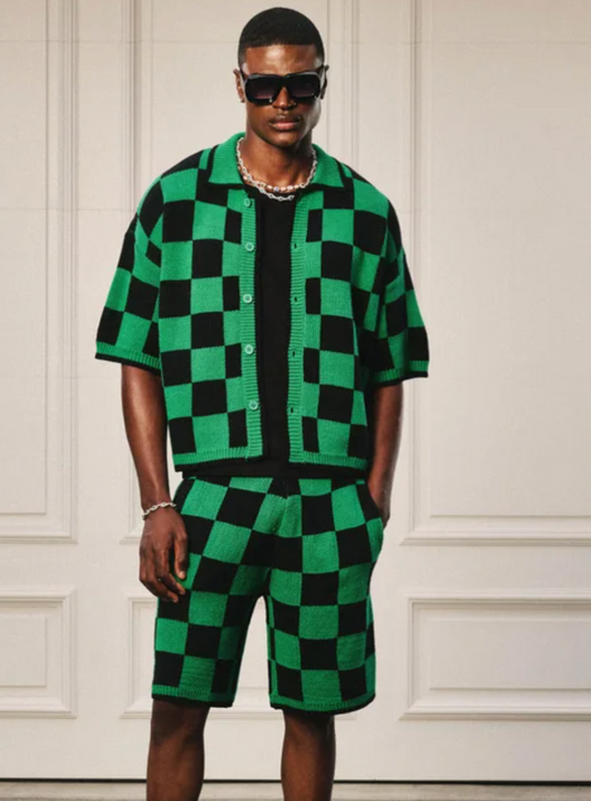 "boohooMAN" Oversized Boxy Open Stitch Checked Shirt & Short Set / Size L